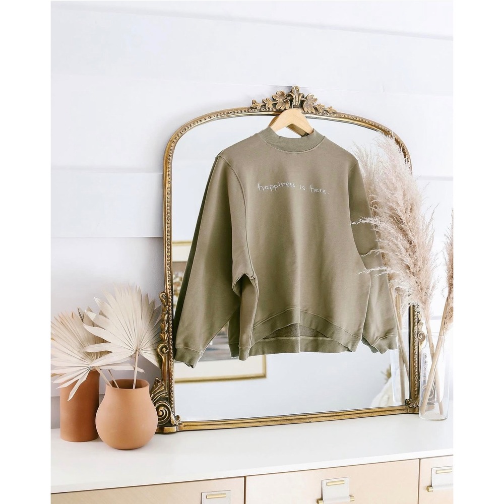 Kristin Made Happiness Is Here Olive Green Mock Neck Oversized Sweatshirt S/M